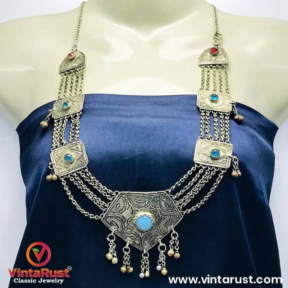 Silver Vintage Necklace with Turquoise Beads, Long Chain Necklace - Picture 2 of 8